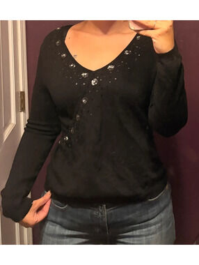Black Beaded and sequined flowers crossover v neck sweater